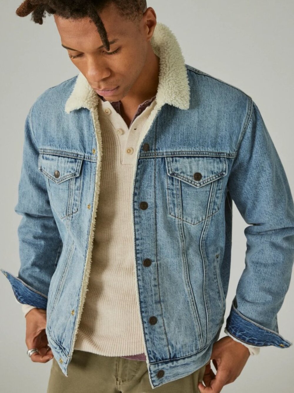 Lucky Brand Faux Shearling Lined Denim Trucker Jacket XL